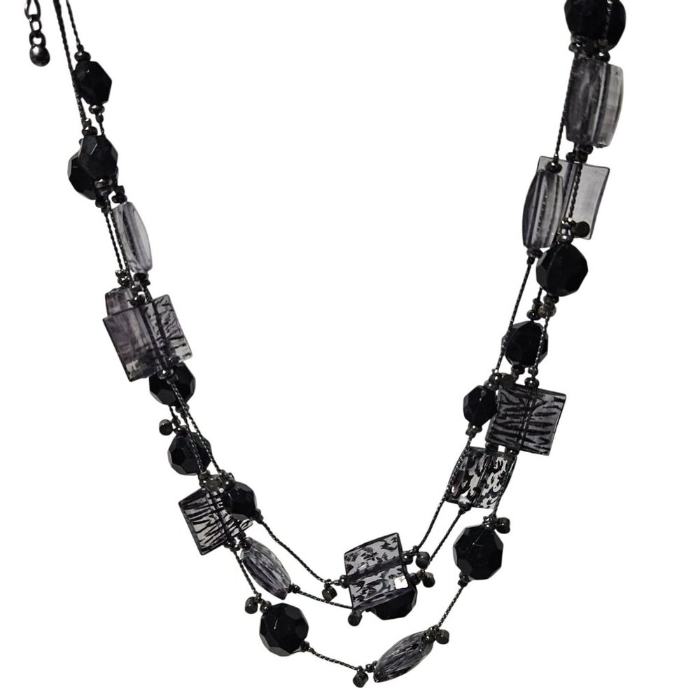Boho Chic Black Clear Beaded Multi Strand Necklace Geometric Shapes Jewelry